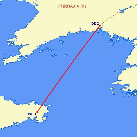 перелет Вейхай — Даньдон на карте