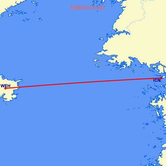 перелет Вейхай — Сеул на карте