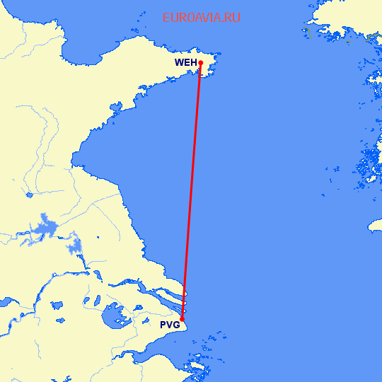 перелет Вейхай — Шанхай на карте