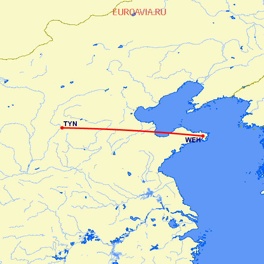 перелет Вейхай — Тайюань на карте