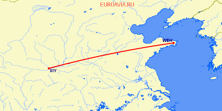 перелет Вейхай — Синьян на карте
