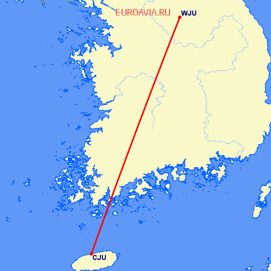 перелет WonJu — Jeju на карте