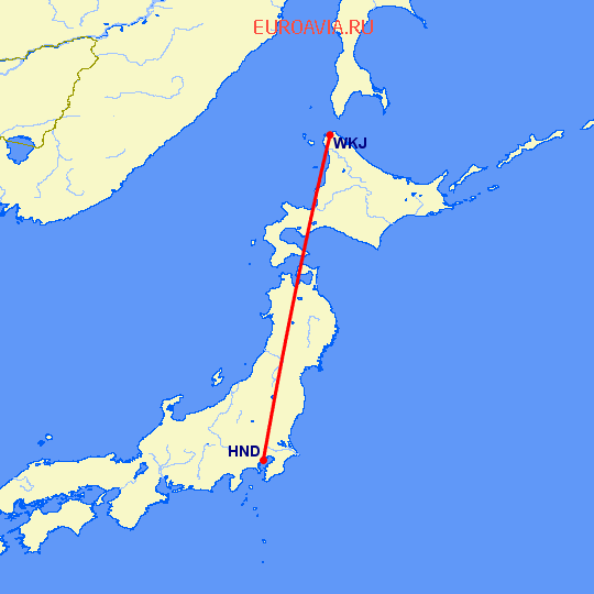 перелет Wakkanai — Токио на карте