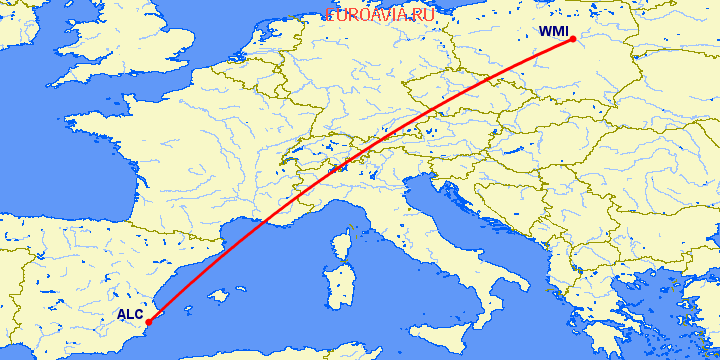 перелет Варшава — Аликанте на карте