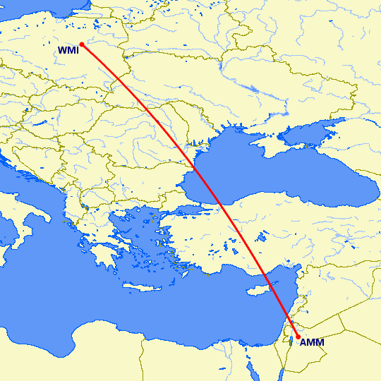 перелет Варшава — Амман на карте
