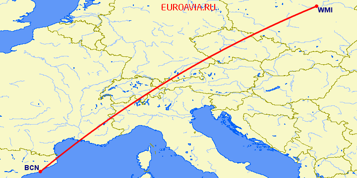 перелет Варшава — Барселона на карте