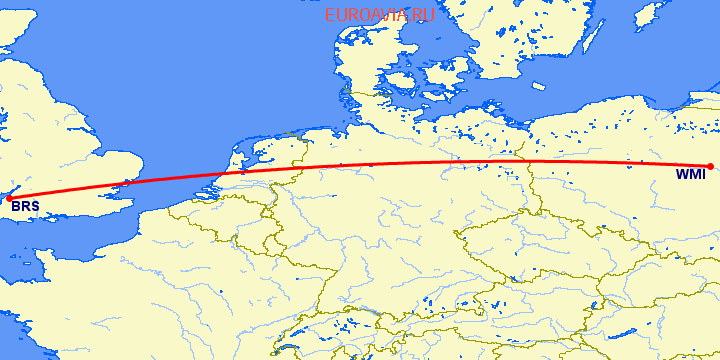 перелет Варшава — Бристоль на карте