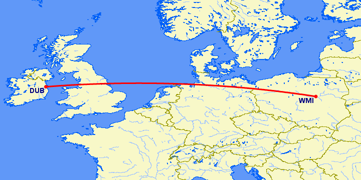 перелет Варшава — Дублин на карте