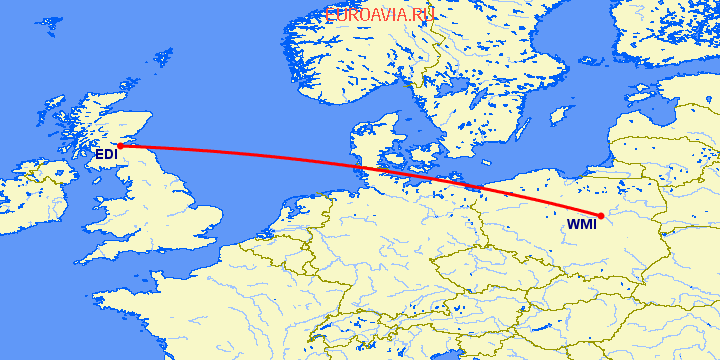 перелет Варшава — Эдинбург на карте