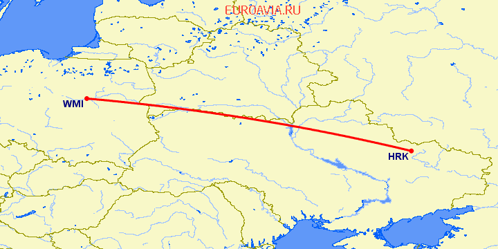 перелет Варшава — Харьков на карте