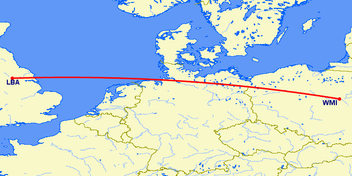 перелет Варшава — Лидс на карте