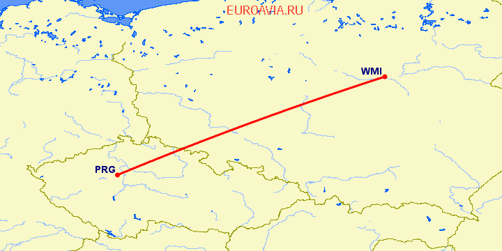перелет Варшава — Прага на карте