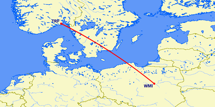 перелет Варшава — Осло Торп на карте