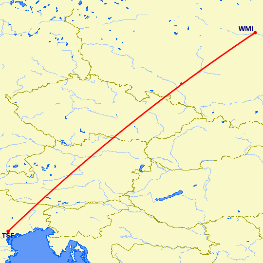 перелет Варшава — Тревисо на карте