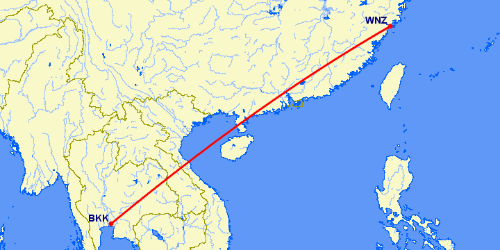 перелет Венчжоу — Бангкок на карте