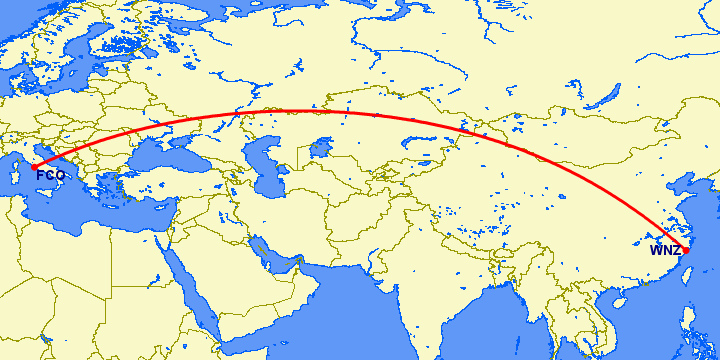 перелет Венчжоу — Рим на карте