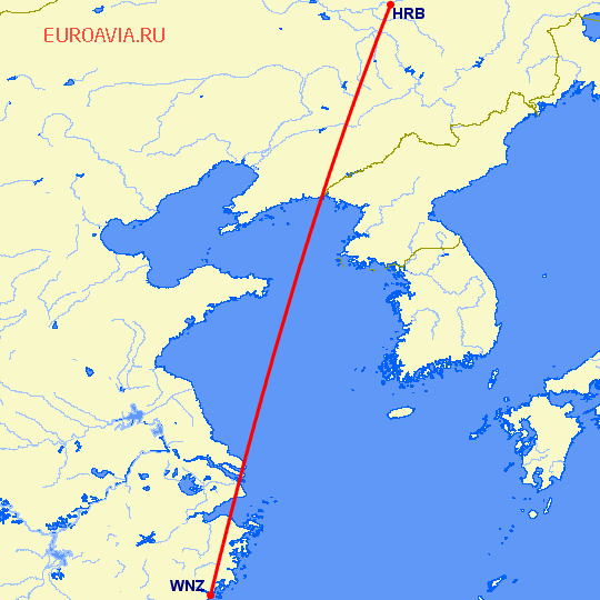 перелет Венчжоу — Харбин на карте