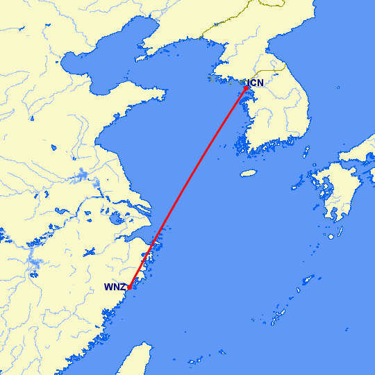 перелет Венчжоу — Сеул на карте