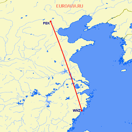 перелет Венчжоу — Пекин на карте