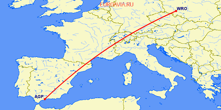 перелет Вроцлав — Малага на карте
