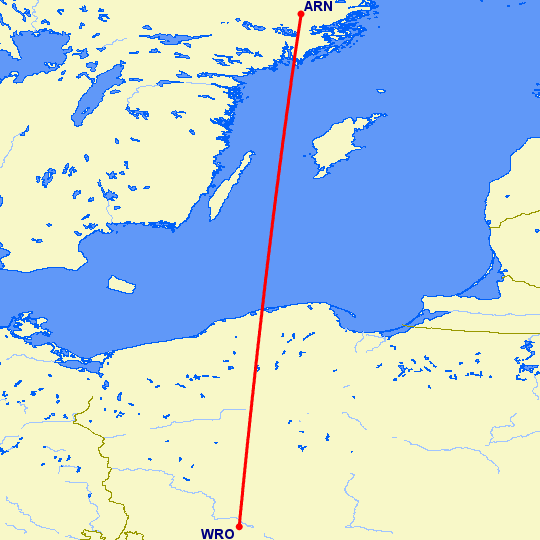 перелет Вроцлав — Стокгольм на карте