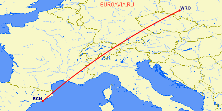 перелет Вроцлав — Барселона на карте