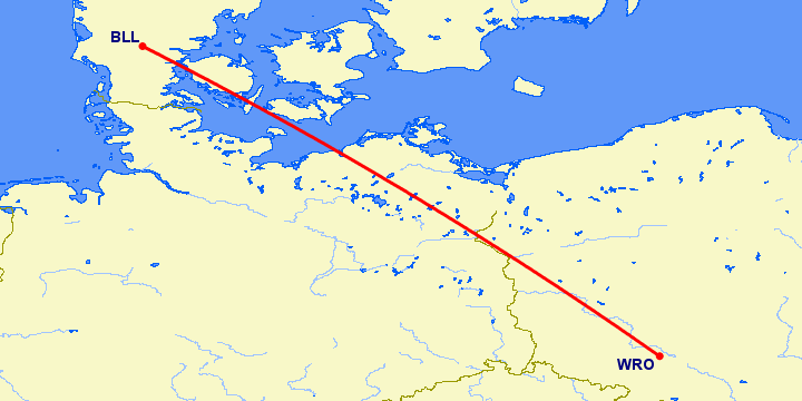 перелет Вроцлав — Биллунд на карте