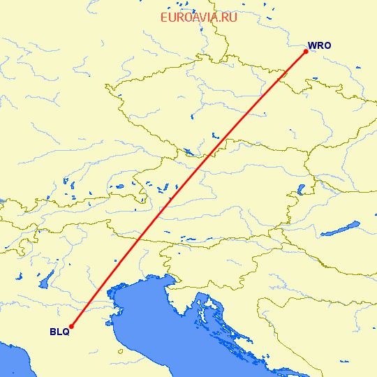 перелет Вроцлав — Болонья на карте
