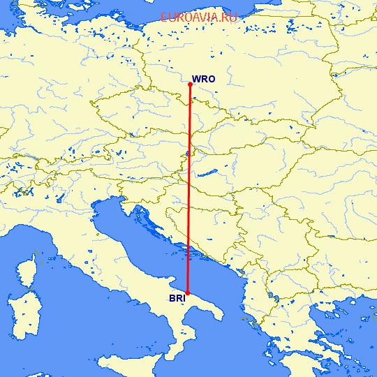 перелет Вроцлав — Бари на карте