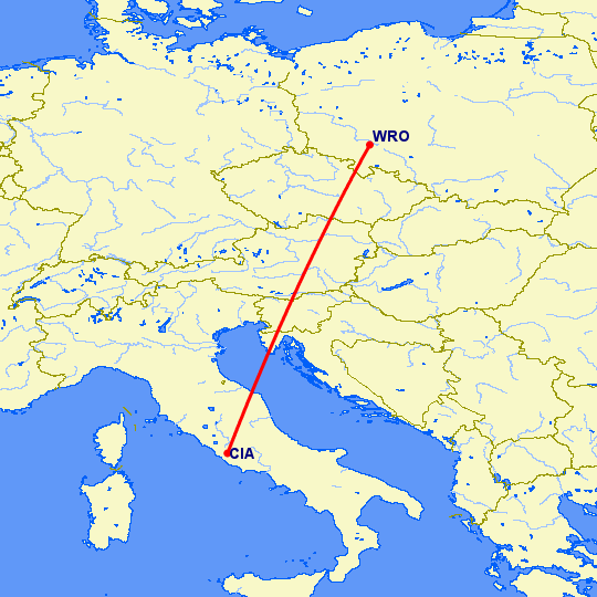 перелет Вроцлав — Рим на карте