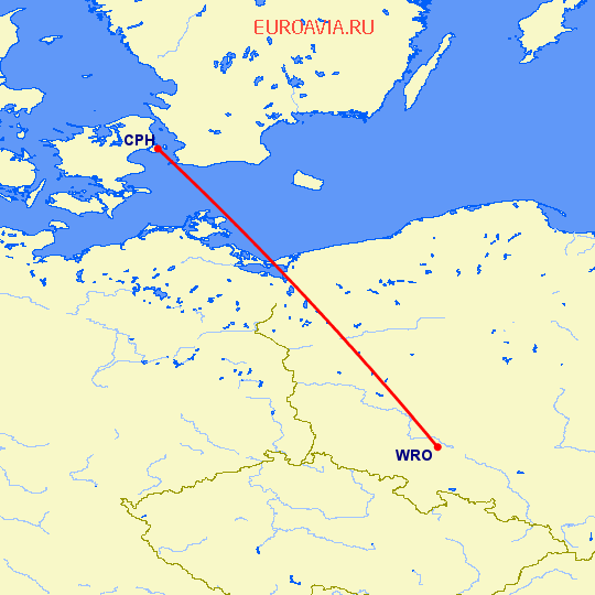 перелет Вроцлав — Копенгаген на карте