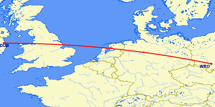 перелет Вроцлав — Дублин на карте