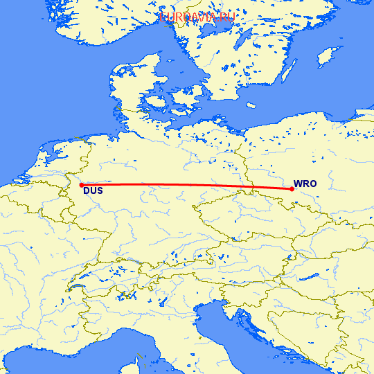 перелет Вроцлав — Дюссельдорф на карте