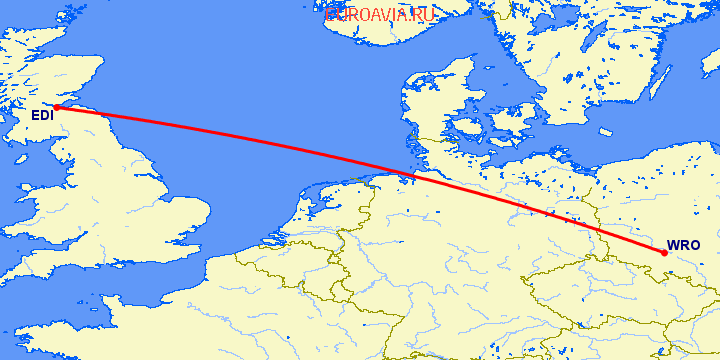 перелет Вроцлав — Эдинбург на карте