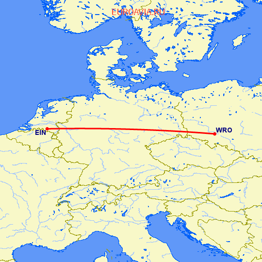 перелет Вроцлав — Эйндховен на карте
