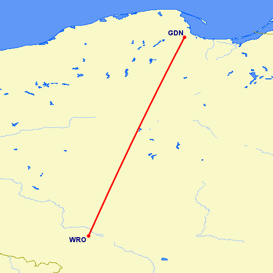 перелет Вроцлав — Гданьск на карте