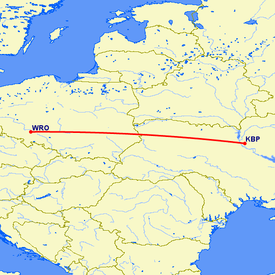 перелет Вроцлав — Киев на карте