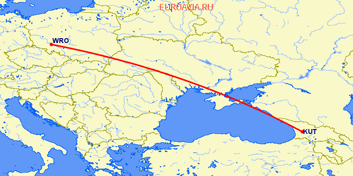 перелет Вроцлав — Кутаиси на карте