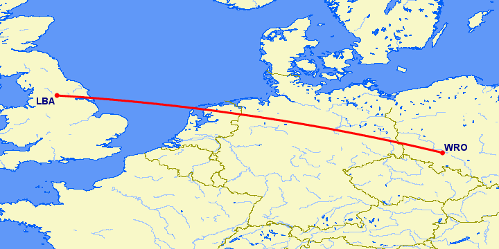 перелет Вроцлав — Лидс на карте