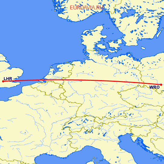 перелет Вроцлав — Лондон на карте