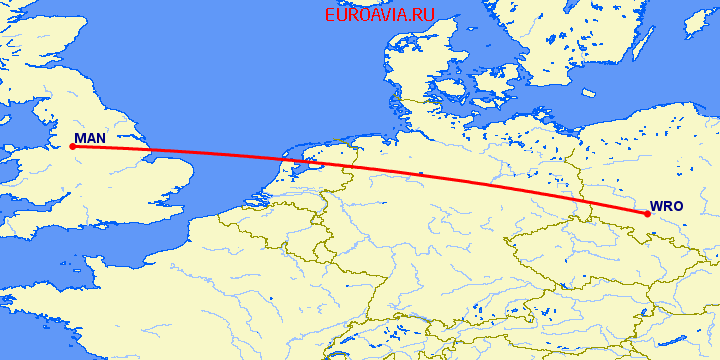 перелет Вроцлав — Манчестер на карте