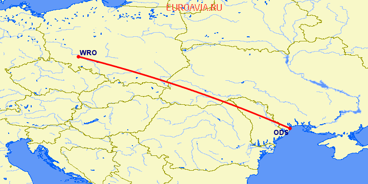 перелет Вроцлав — Одесса на карте