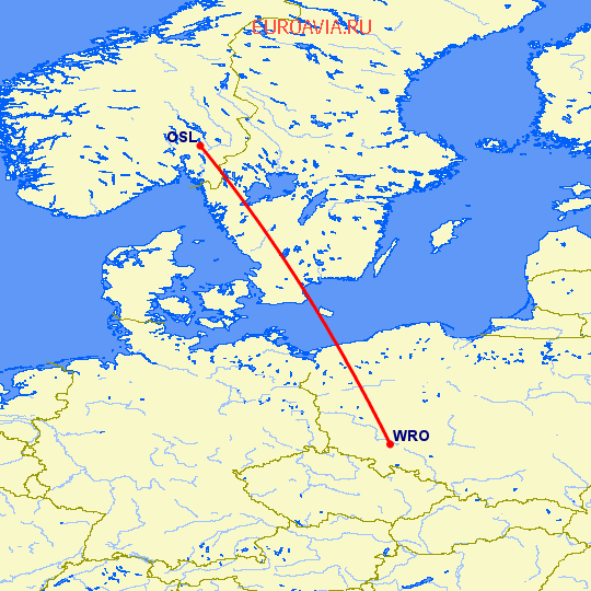 перелет Вроцлав — Осло на карте