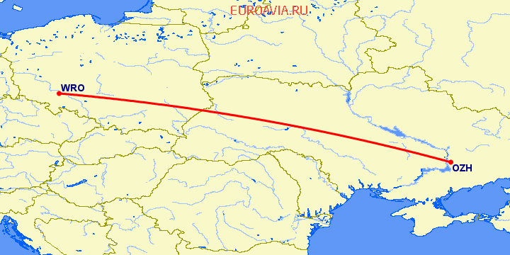 перелет Вроцлав — Запорожье на карте