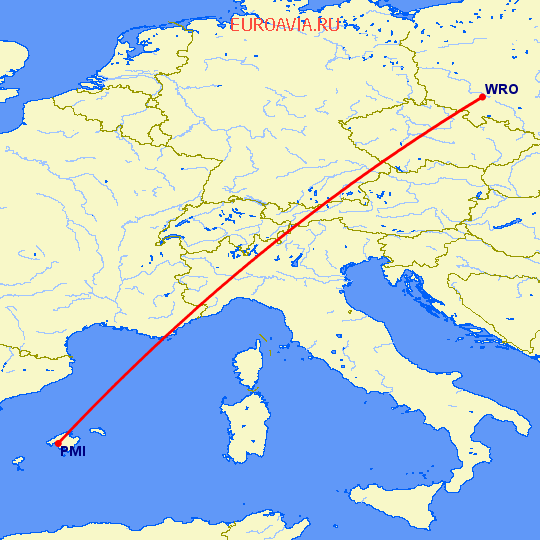 перелет Вроцлав — Пальма де Майорка на карте
