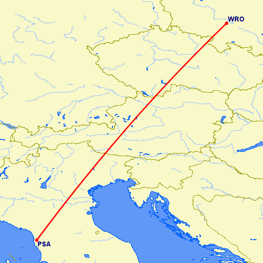 перелет Вроцлав — Пиза на карте