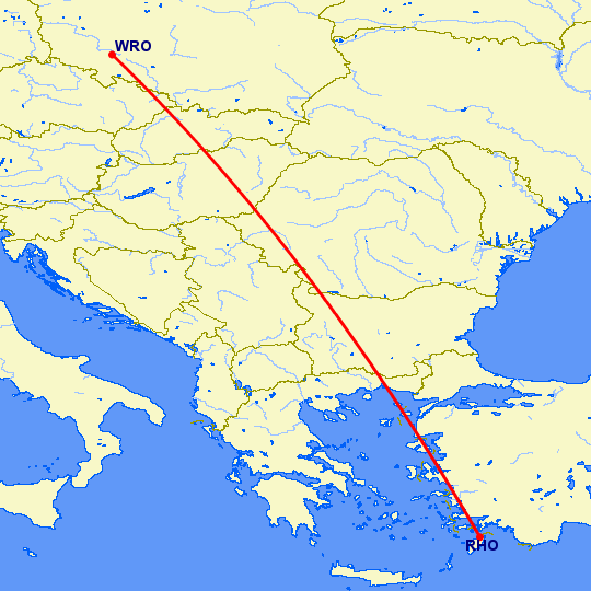 перелет Вроцлав — Родос на карте