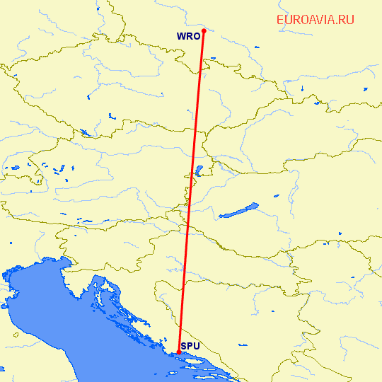 перелет Вроцлав — Сплит на карте