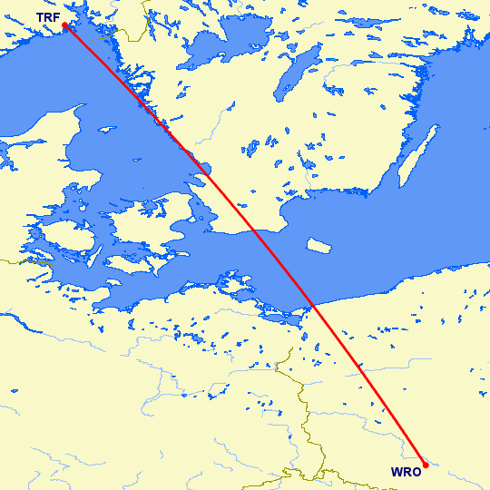 перелет Вроцлав — Осло Торп на карте