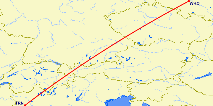 перелет Вроцлав — Турин на карте